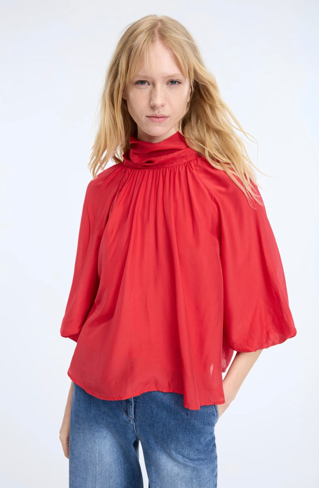 MUNTHE High Neck Red Blouse with Scooped Back