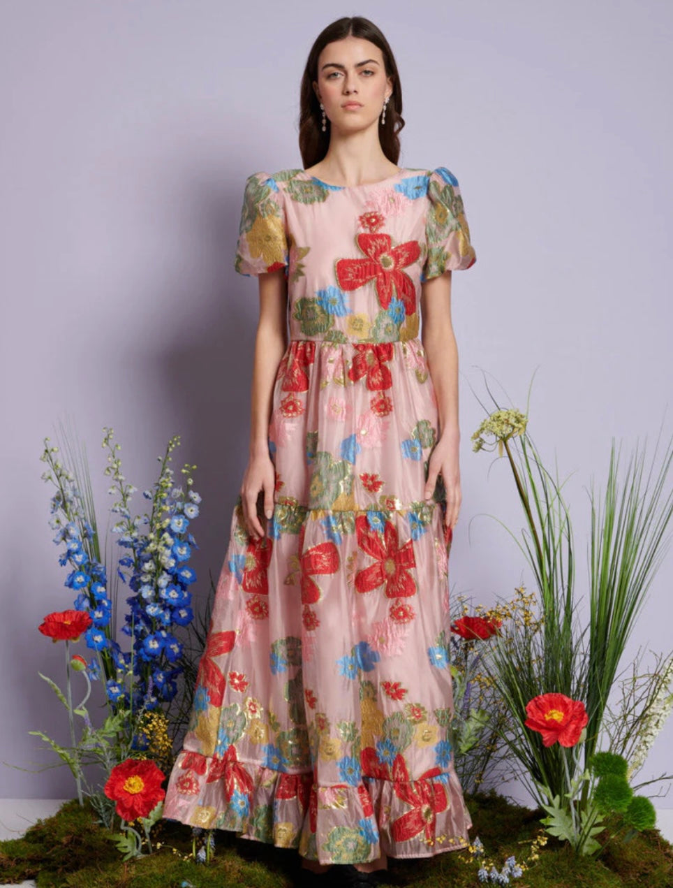 DREAM Sister Jane Pink & Red Floral Camellia Jacquard Maxi Dress