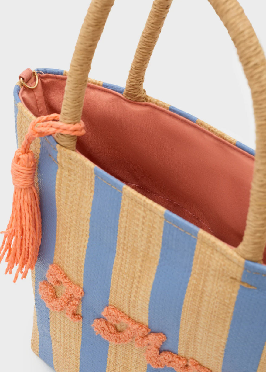 NALI Raffia Bag with Blue Stripe & Orange Lettering