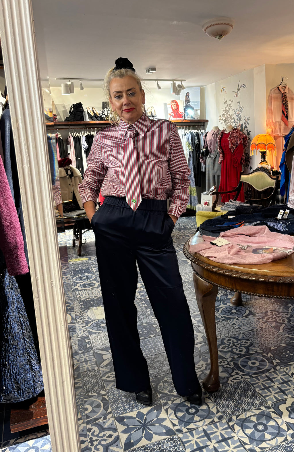 Essentiel Antwerp Red Stripe Cotton Shirt with Neck-Tie