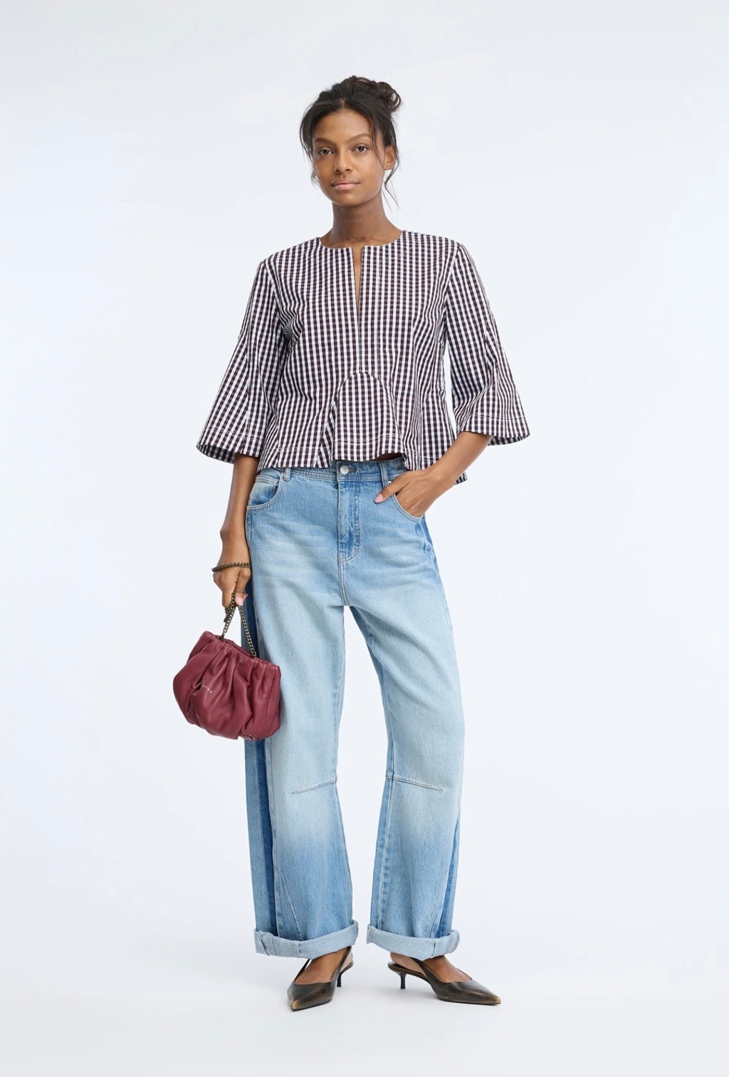 MUNTHE Red Gingham  Peplum Shirt