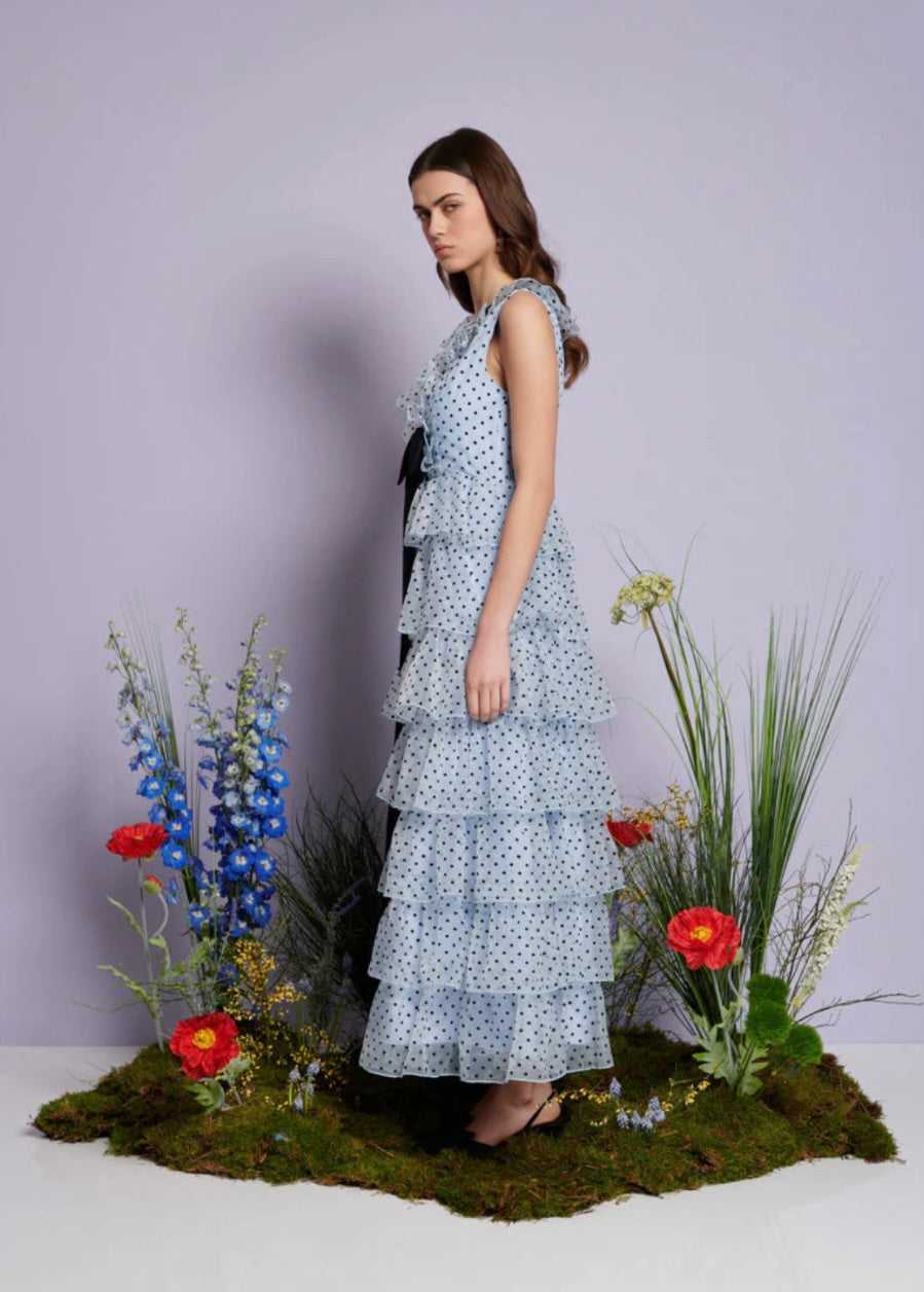 DREAM Sister Jane Blue Ruffle Midi Dress with Polka Dots