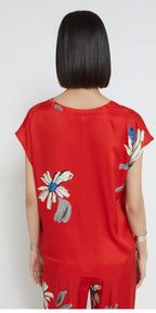 Ottod’Ame Red V-Neck Blouse with Floral Print