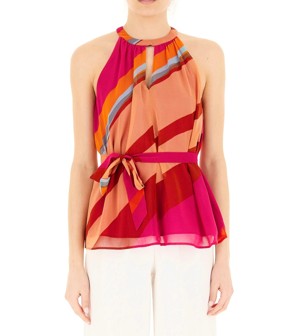 PENNYBLACK Halter Neck Pink Orange Chiffon Top with Tie Belt