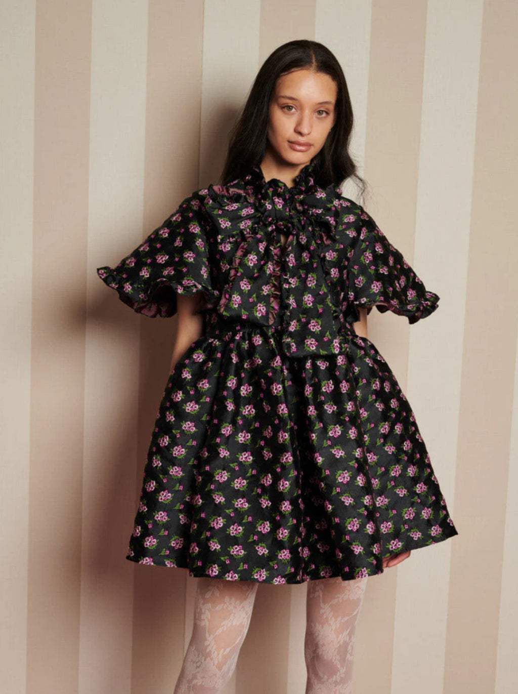 Sister Jane Black Jacquard Mini Dress with Purple Floral Print