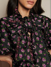 Load image into Gallery viewer, Sister Jane Black Jacquard Mini Dress with Purple Floral Print
