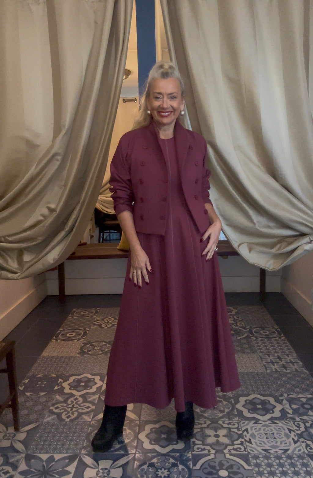 Beatrice B. Burgundy Double Breasted Jacket