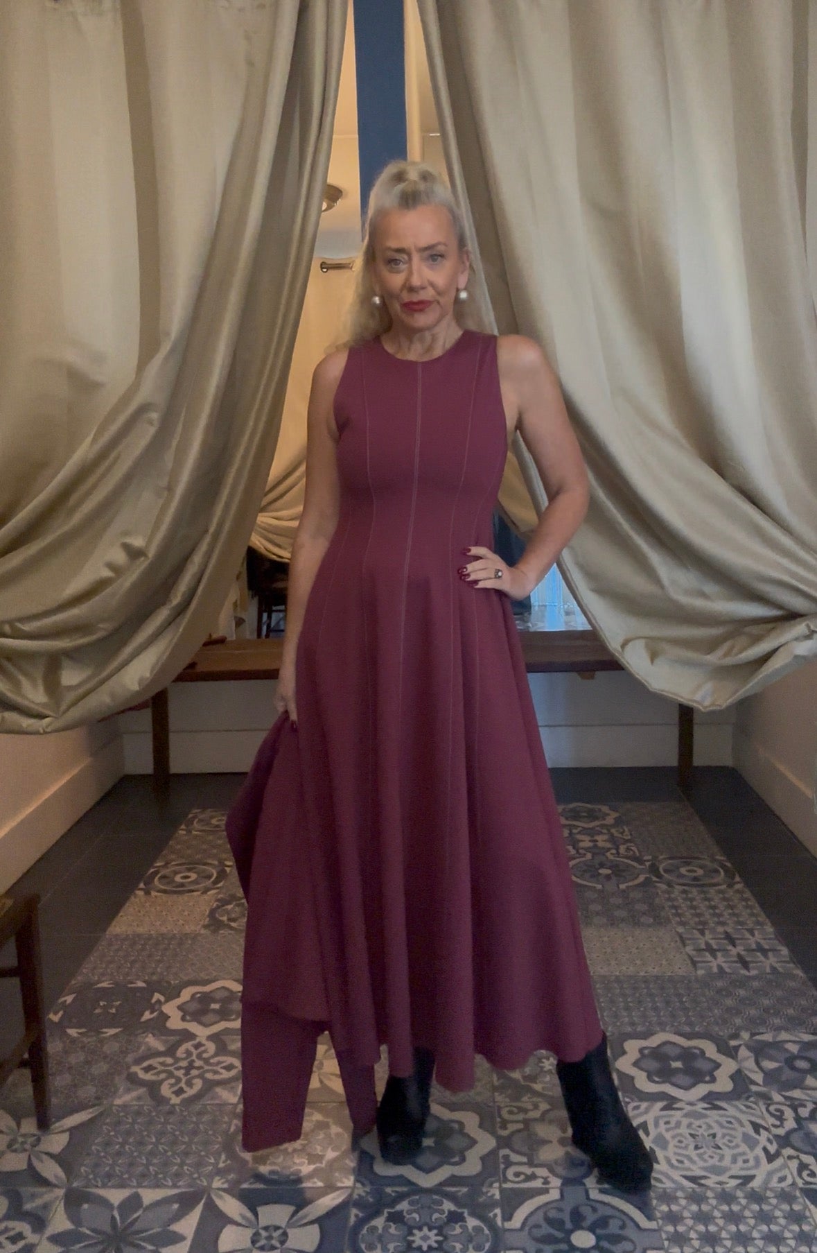 Beatrice B Plum Dress with White Contrast Stitching