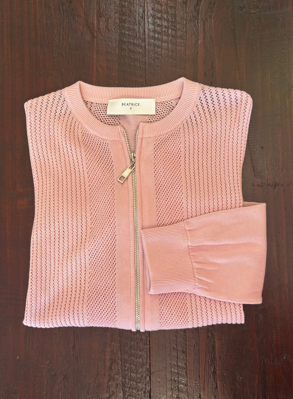 Beatrice B Pink Cotton & Silk Pin-Tuck Knit Jacket with Zips
