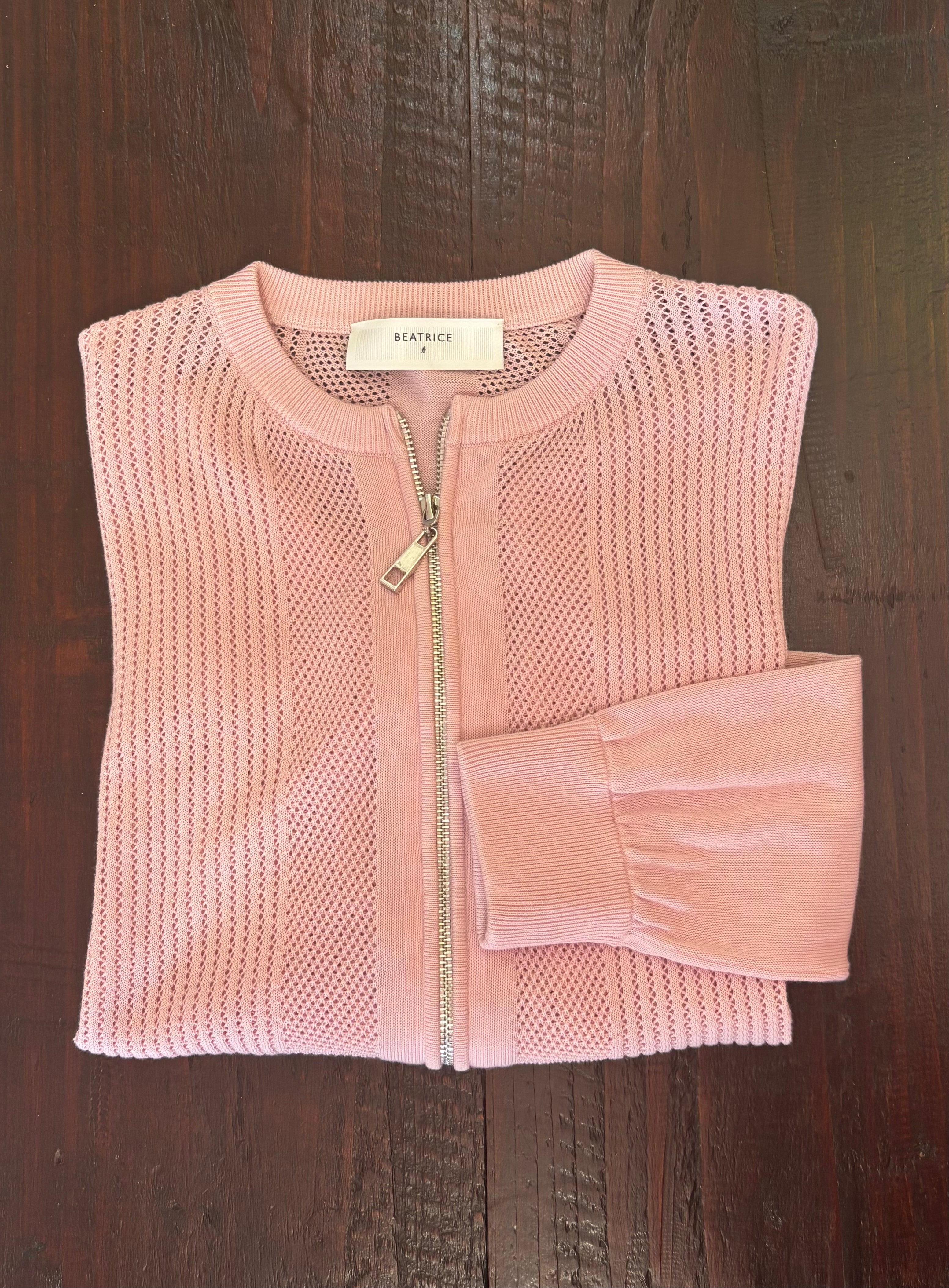 Beatrice B Pink Cotton & Silk Pin-Tuck Knit Jacket with Zips