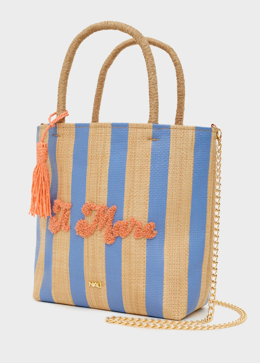 NALI Raffia Bag with Blue Stripe & Orange Lettering