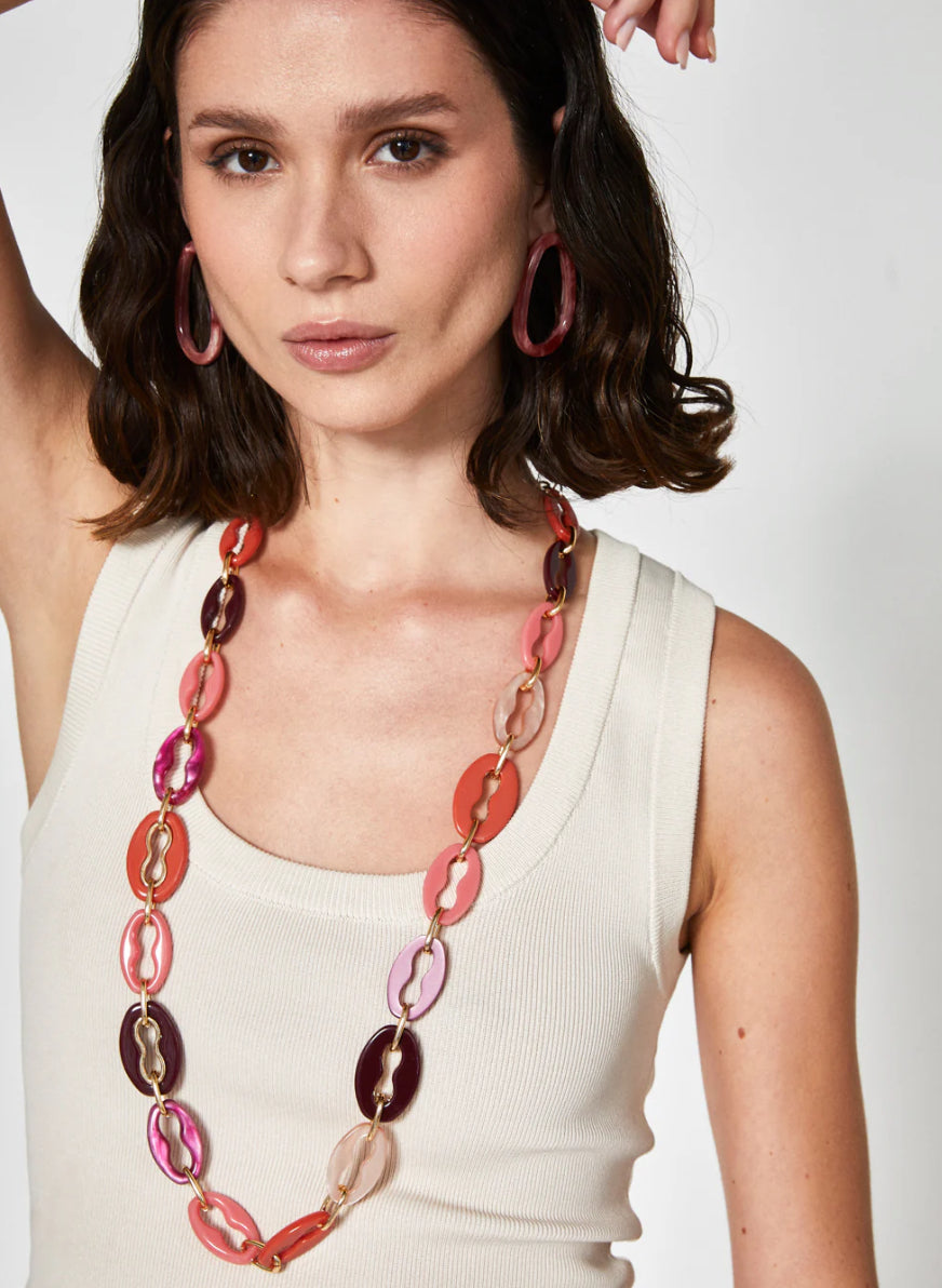 NALI Pink / Burgandy Long Necklace with Gold Chain & Coloured Resign