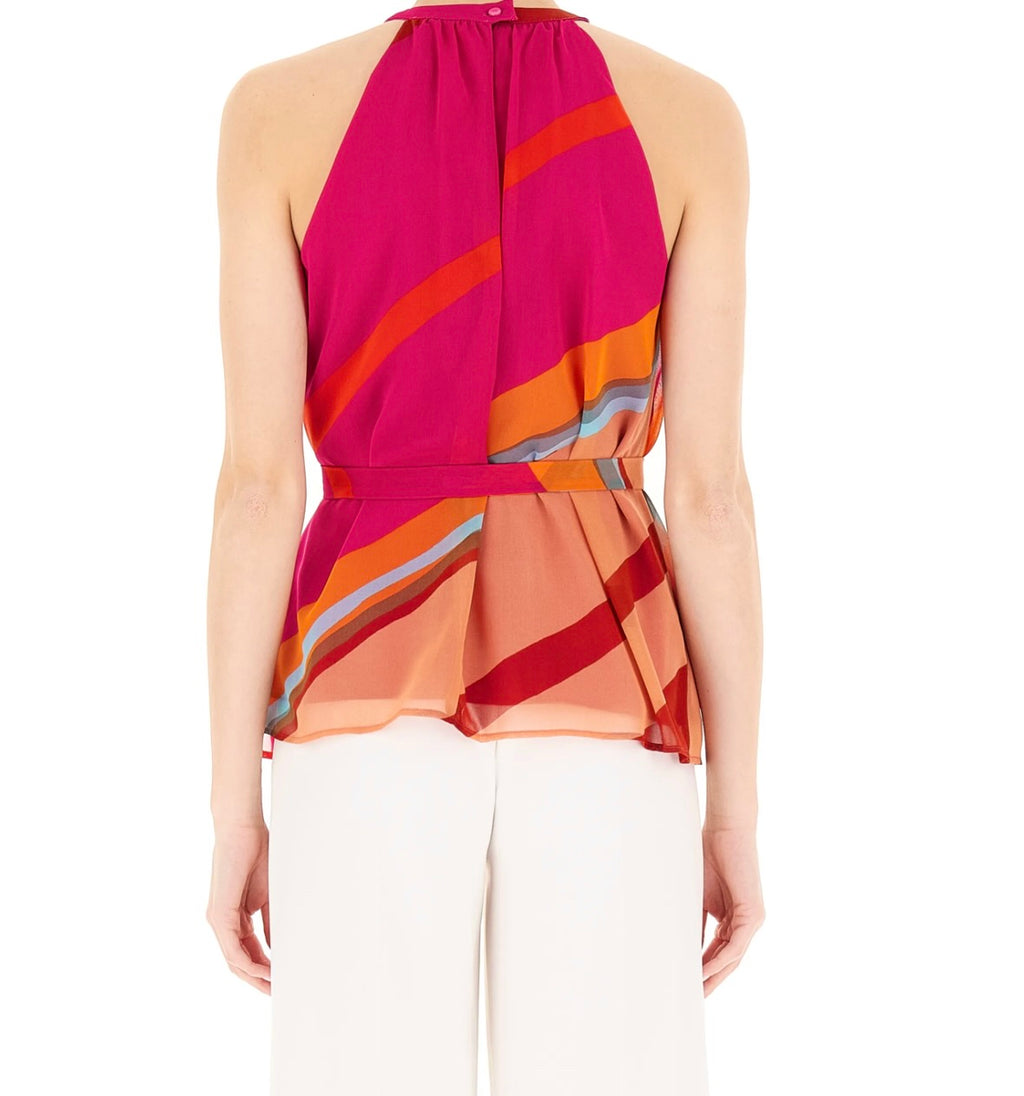 PENNYBLACK Halter Neck Pink Orange Chiffon Top with Tie Belt