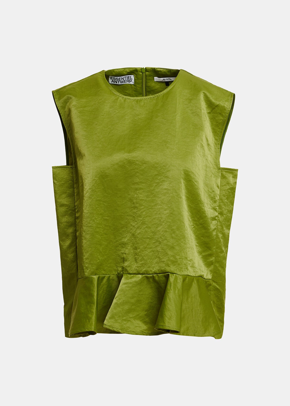 Essentiel Antwerp Kiwi Green Satin Top with Peplum