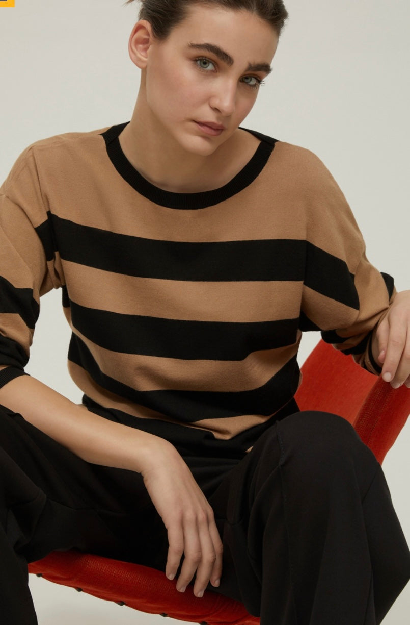 PENNYBLACK Black & Taupe Stripe Boat Neck Jumper