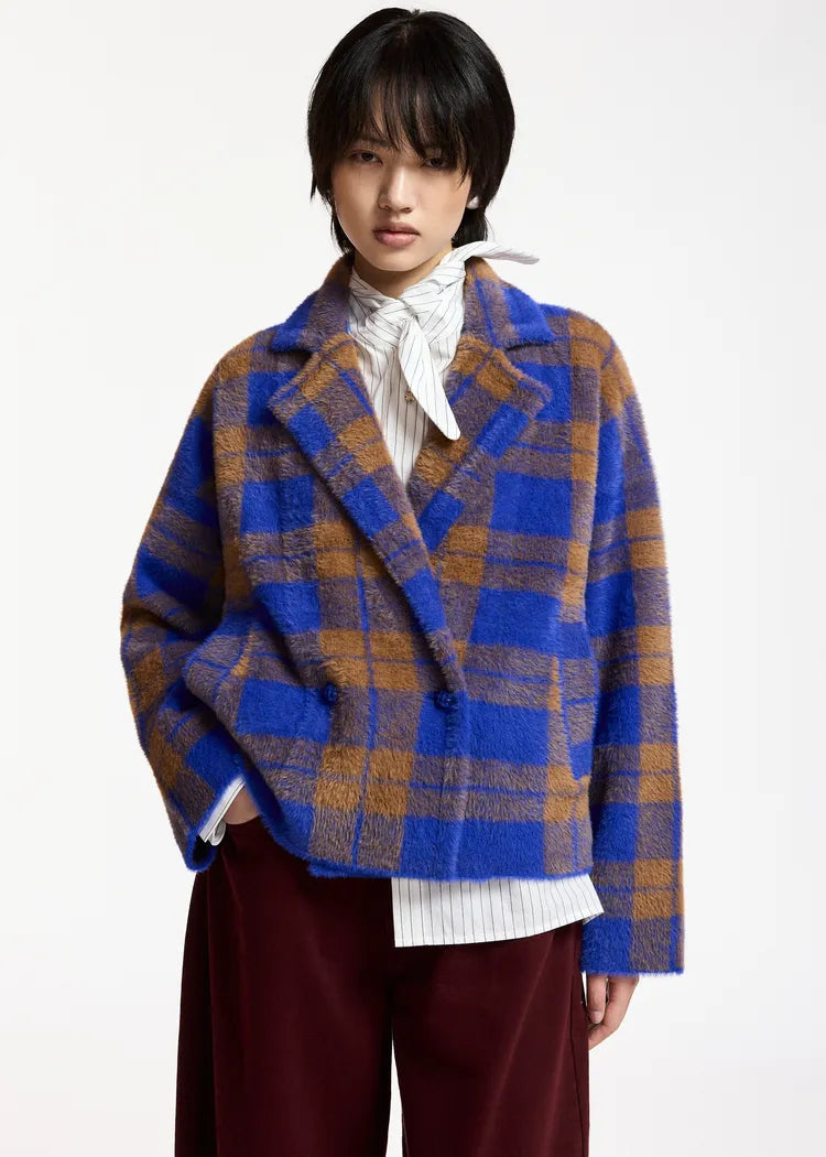 Essentiel Antwerp Cobalt & Brown Double-Breasted Check Jacket