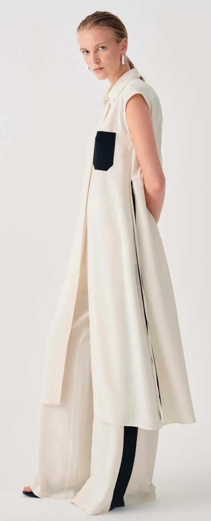 Beatrice B Soft White Wide Leg Trousers with Black side Stripe