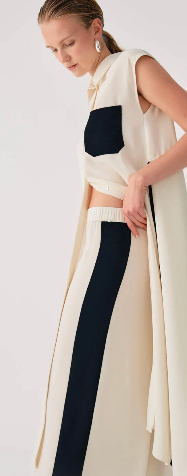 Beatrice B Soft White Wide Leg Trousers with Black side Stripe