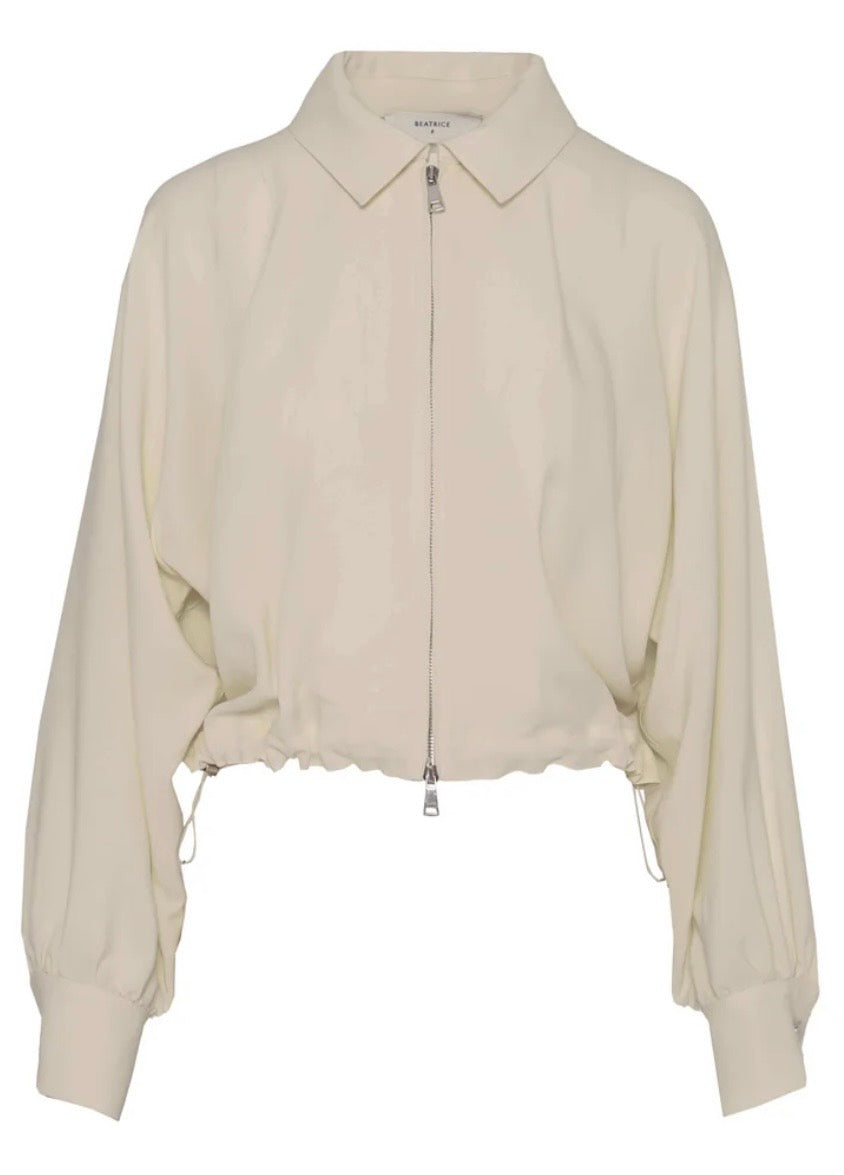 Beatrice B Soft White Cropped Jacket with Metal Zip & Voluminous Sleeves