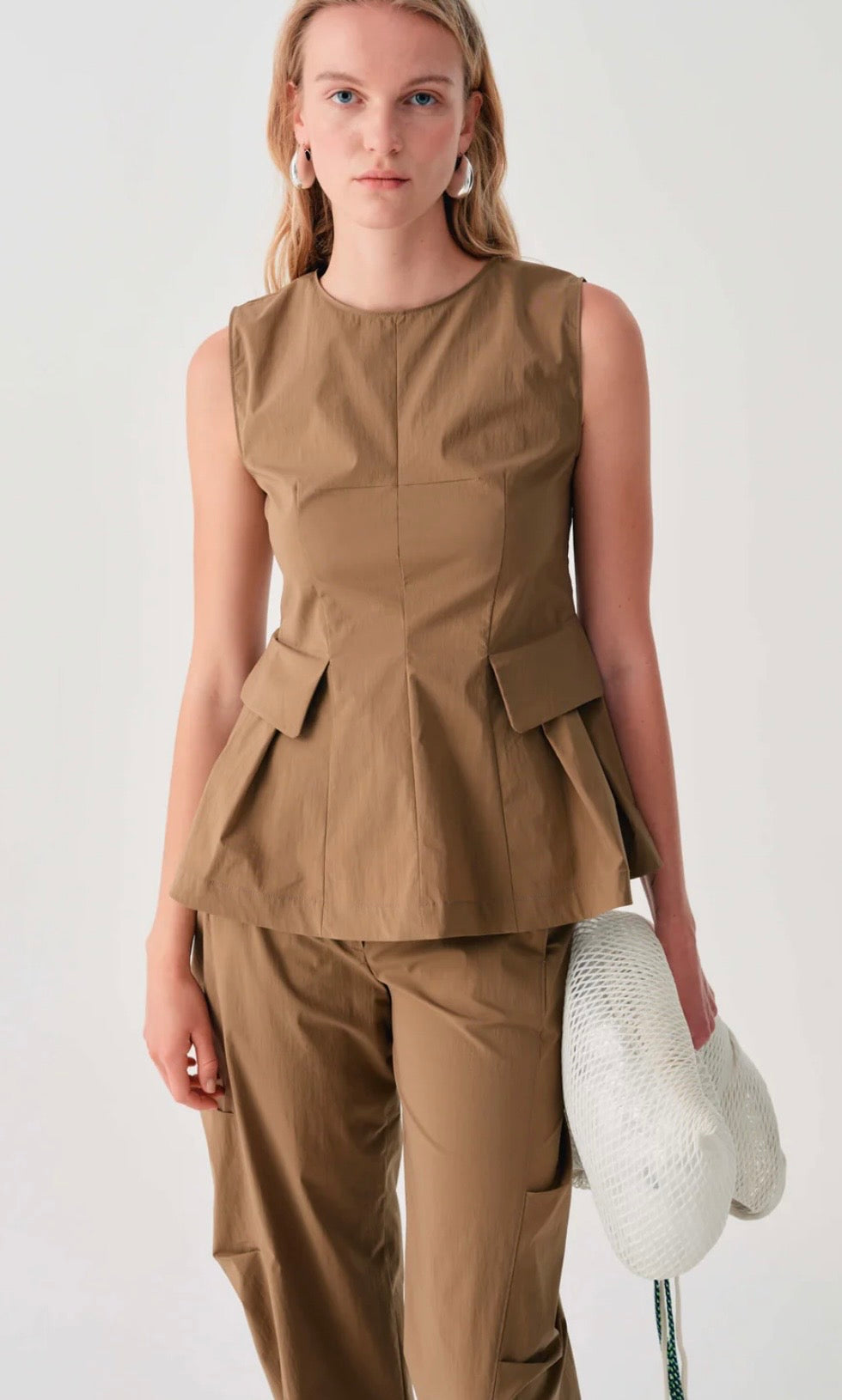 Beatrice B Khaki Cotton Peplum Top