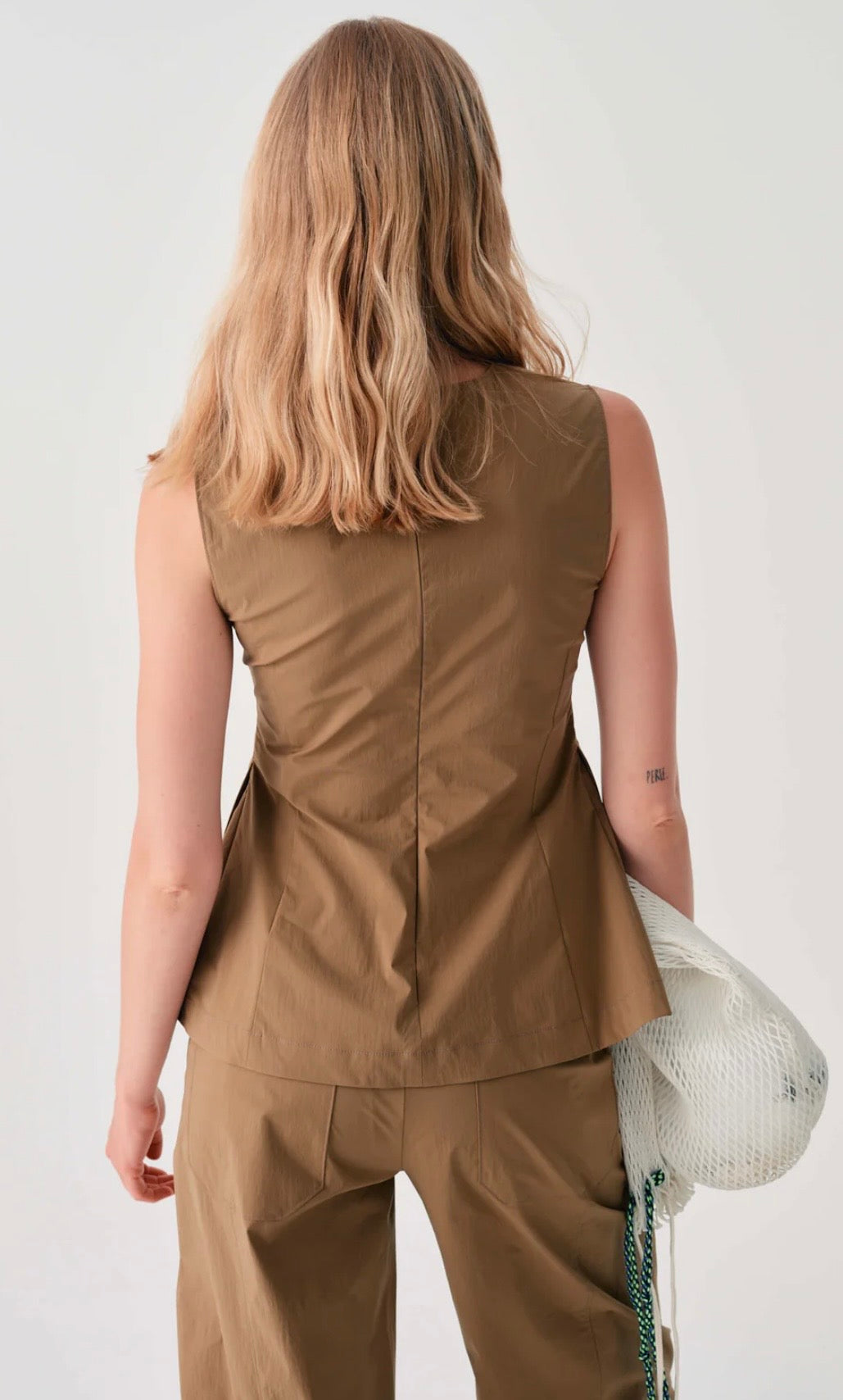 Beatrice B Khaki Cotton Peplum Top