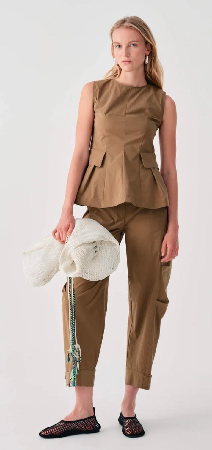 Beatrice B Khaki Cotton Peplum Top