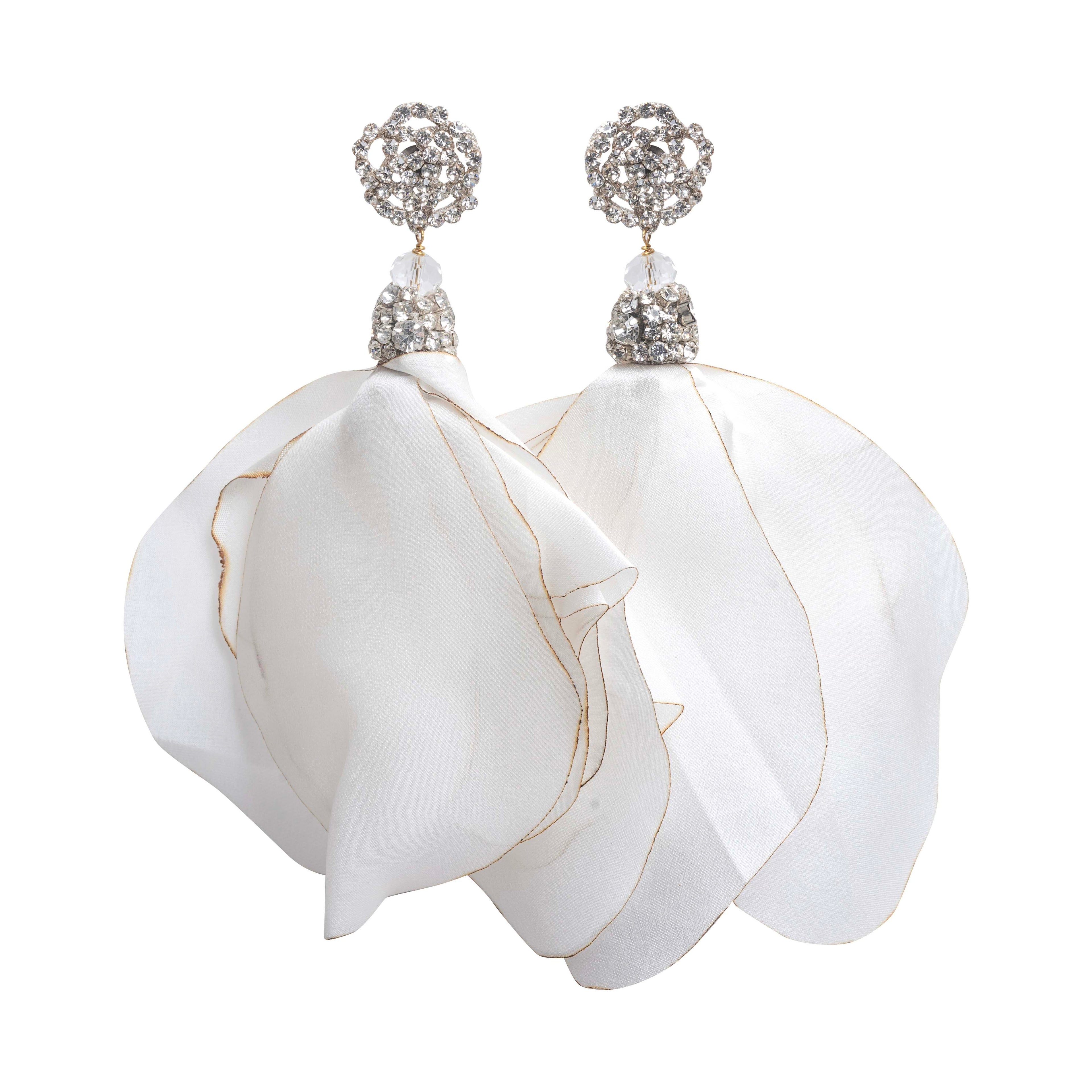 St. Erasmus White & Silver Silk Flower Petals Statement Handmade Earrings