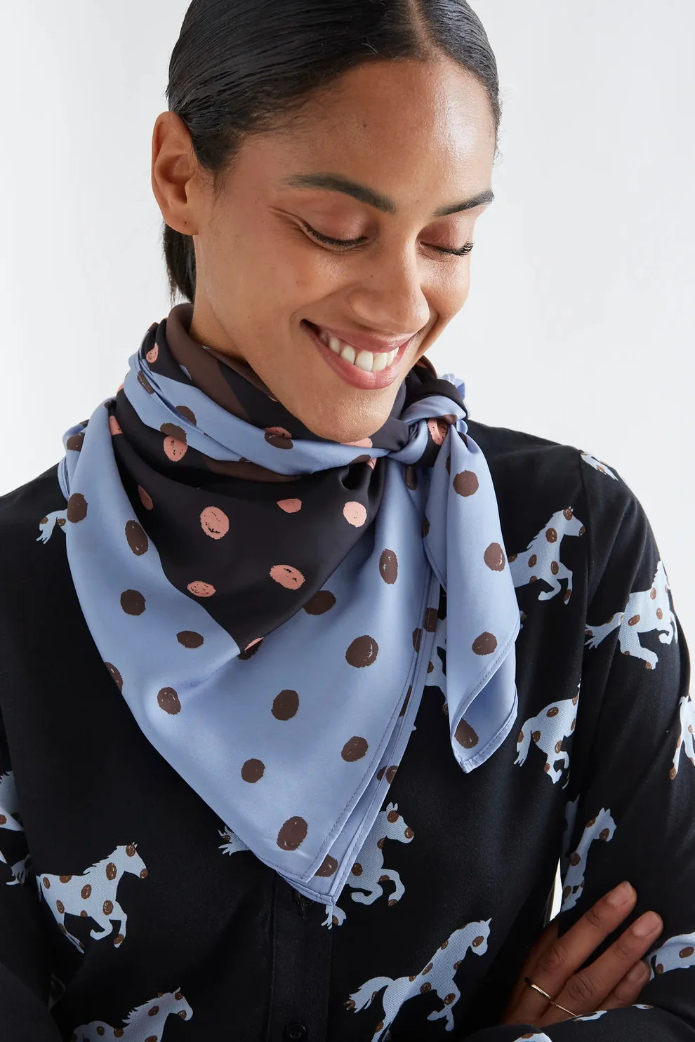 Compañia Fantástica Blue Brown Polka Dot Print Satin Scarf
