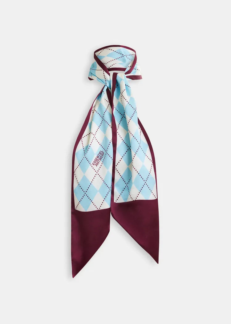 Essentiel Antwerp Burgundy & Blue Argyle Print Satin Scarf