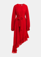 Essentiel Antwerp Red Asymmetrical Ruffle-Hem Dress with Pussy-Bow Tie