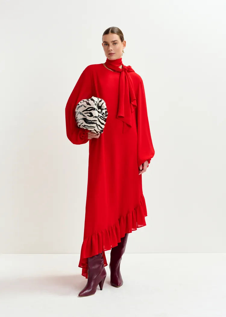 Essentiel Antwerp Red Asymmetrical Ruffle-Hem Dress with Pussy-Bow Tie