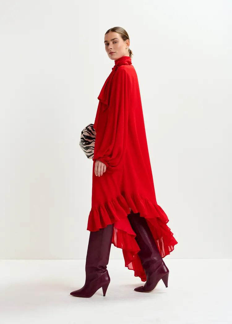 Essentiel Antwerp Red Asymmetrical Ruffle-Hem Dress with Pussy-Bow Tie