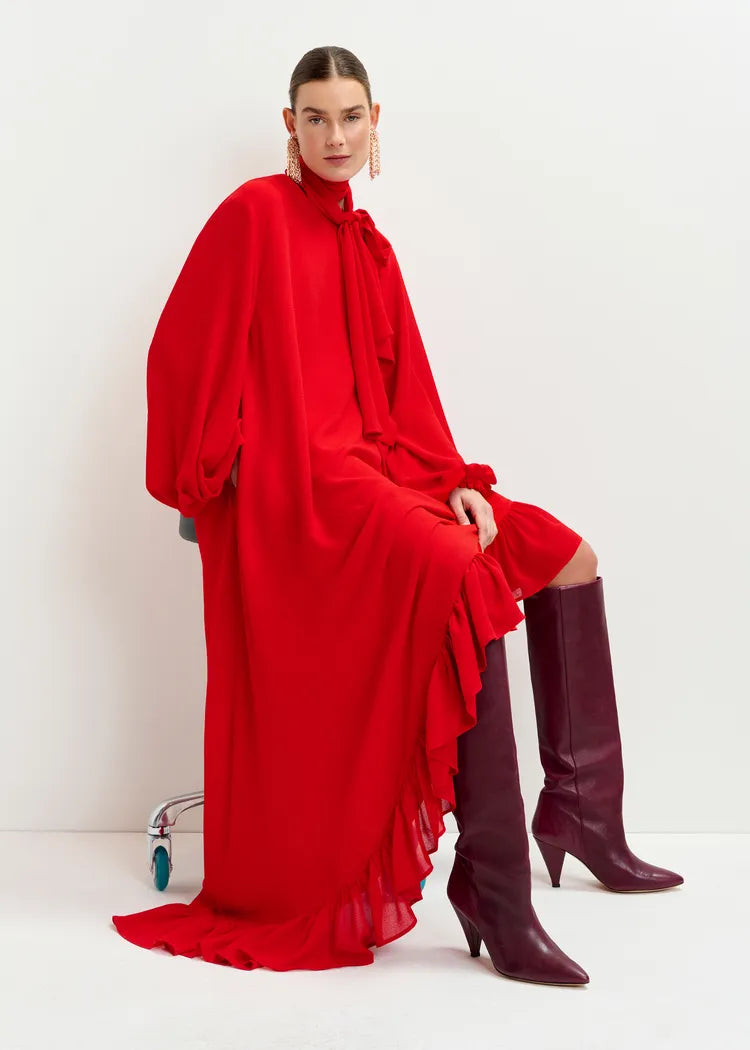 Essentiel Antwerp Red Asymmetrical Ruffle-Hem Dress with Pussy-Bow Tie