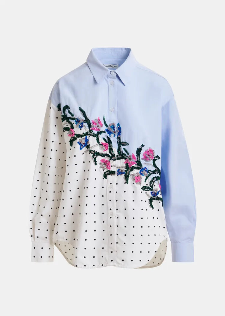 Essentiel Antwerp Blue & Polka Dot Oversized Cotton Shirt with beading