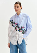 Essentiel Antwerp Blue & Polka Dot Oversized Cotton Shirt with beading