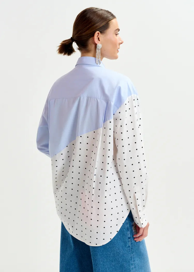 Essentiel Antwerp Blue & Polka Dot Oversized Cotton Shirt with beading