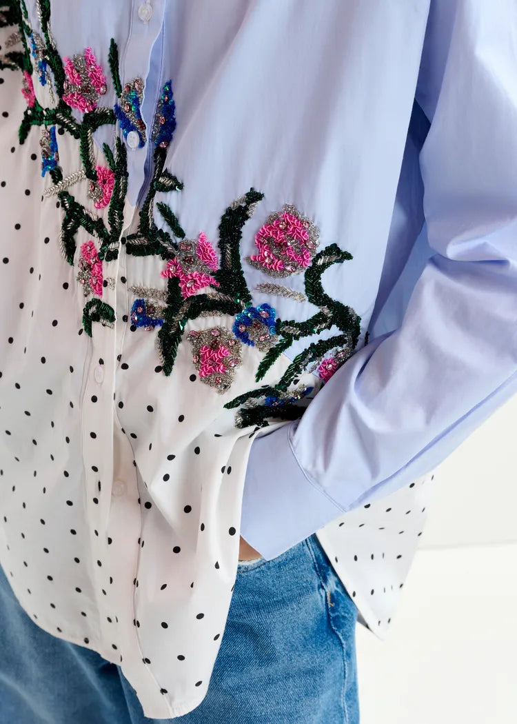 Essentiel Antwerp Blue & Polka Dot Oversized Cotton Shirt with beading
