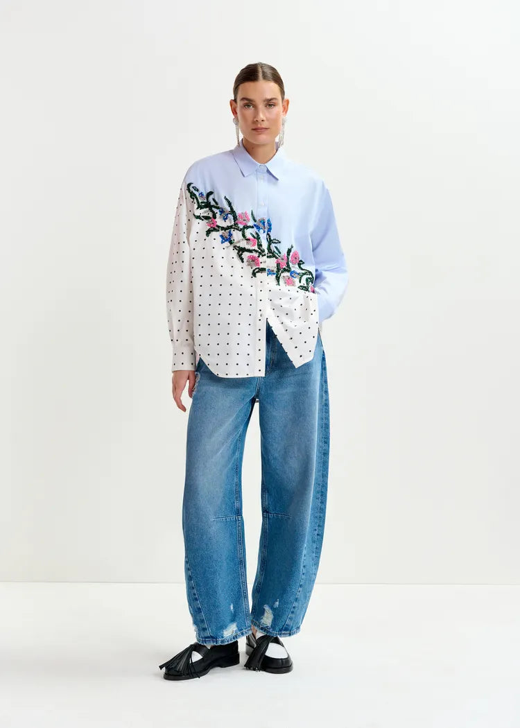 Essentiel Antwerp Blue & Polka Dot Oversized Cotton Shirt with beading