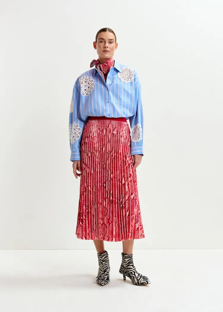 Essentiel Antwerp Red Snake Print Pleated Skirt