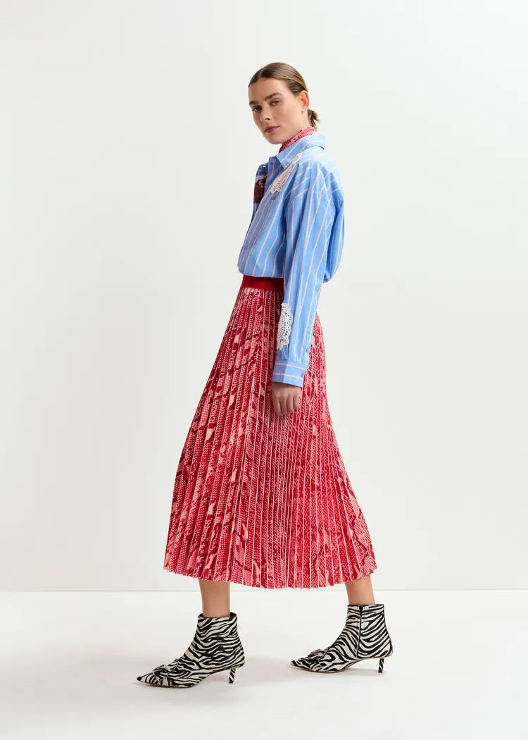 Essentiel Antwerp Red Snake Print Pleated Skirt