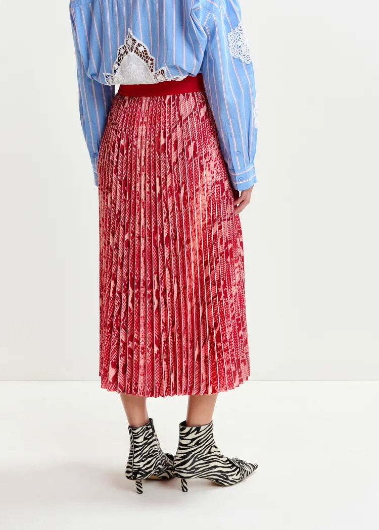 Essentiel Antwerp Red Snake Print Pleated Skirt