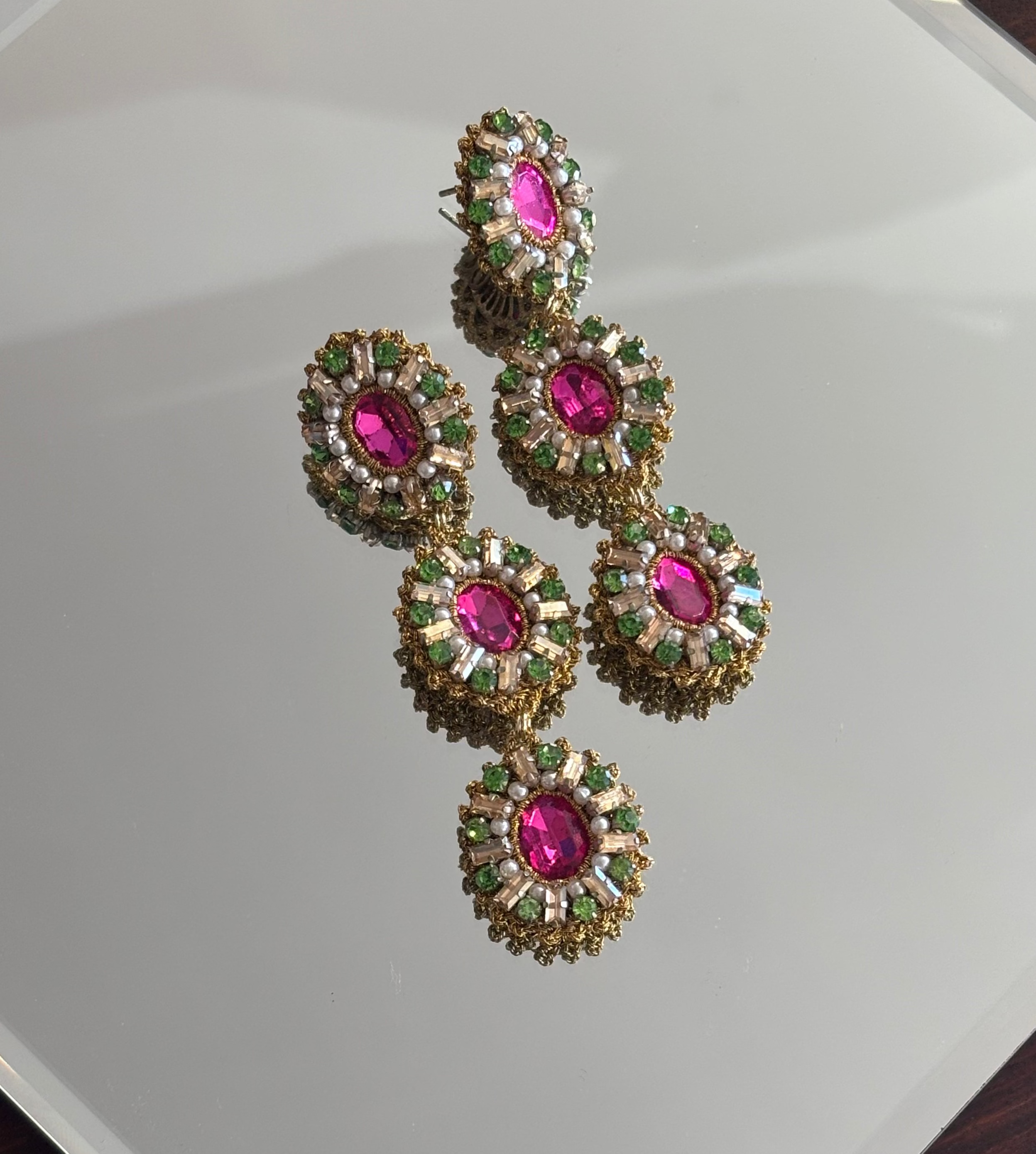 St. Erasmus Triple Crystal Claudia Earrings in Pink & Green