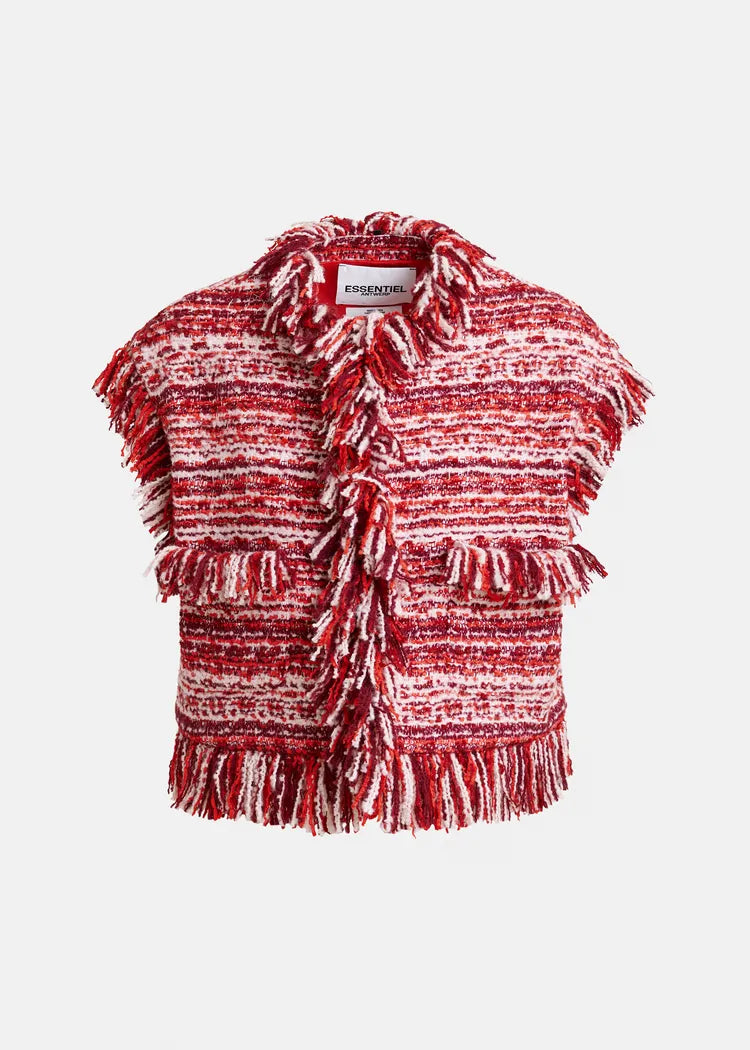 Essentiel Antwerp Red Sleeveless Fringed Bouclé Jacket