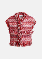 Essentiel Antwerp Red Sleeveless Fringed Bouclé Jacket