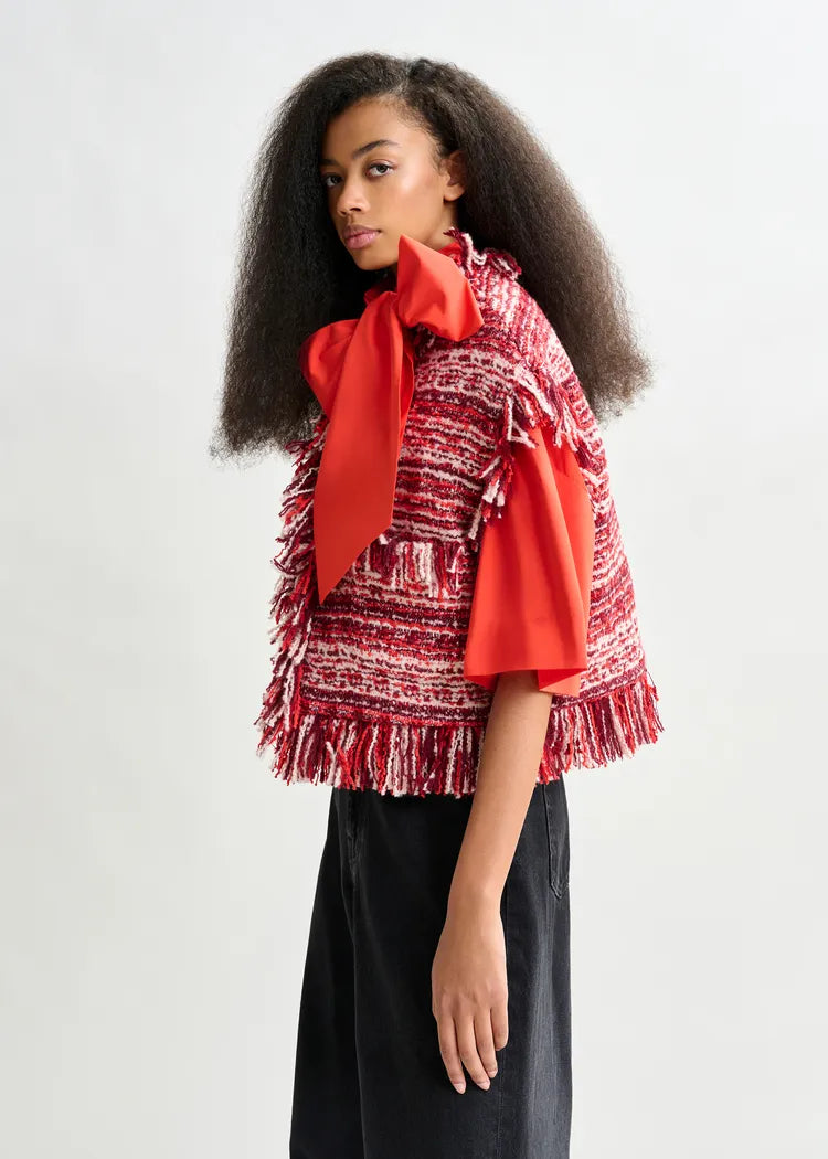 Essentiel Antwerp Red Sleeveless Fringed Bouclé Jacket