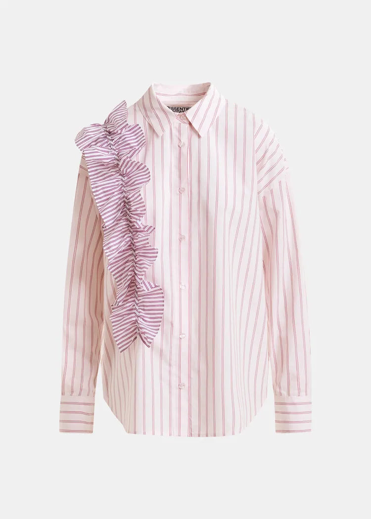 Essentiel Antwerp Pink Striped Cotton Shirt with Ruffle Detail