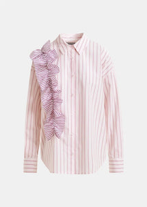 Essentiel Antwerp Pink Striped Cotton Shirt with Ruffle Detail