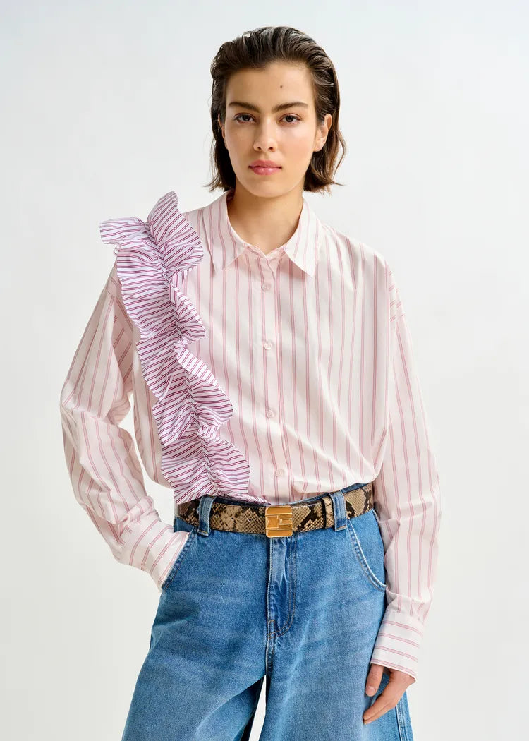 Essentiel Antwerp Pink Striped Cotton Shirt with Ruffle Detail