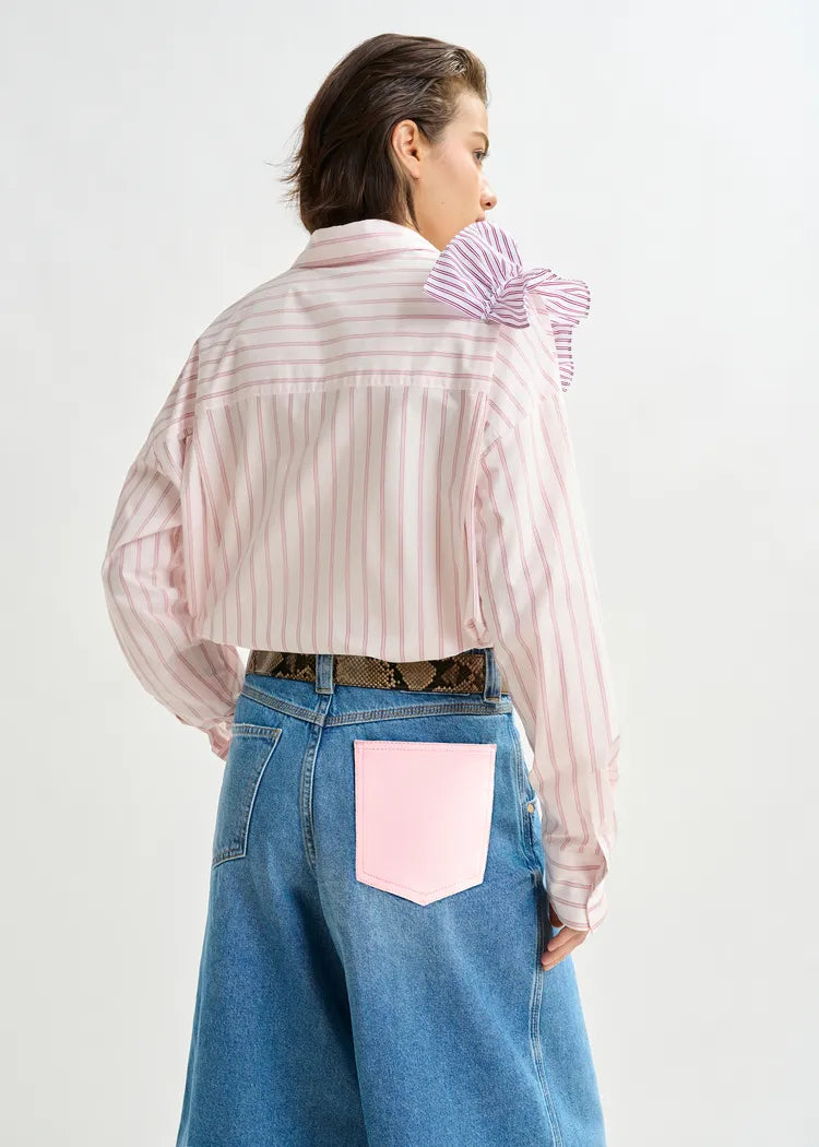 Essentiel Antwerp Pink Striped Cotton Shirt with Ruffle Detail