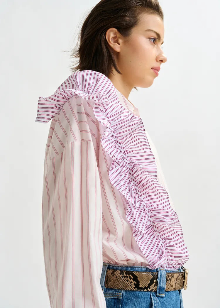 Essentiel Antwerp Pink Striped Cotton Shirt with Ruffle Detail